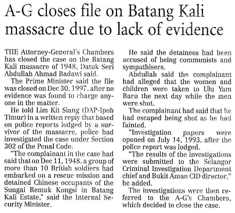 大马总检察署暗中封闭调查卷宗新闻剪报（《A-G closes file on Batang Kali massacre due to lack of evidence》）：揭露1997年12月30日官方在政治压力下秘密结案、并雪藏调查报告达七年之久的历史记录。