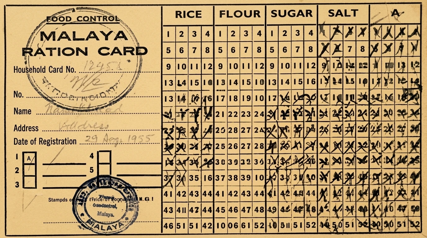1955年英殖民政府在铁丝网新村推行的“口粮配给卡”（Ration Card）原件：严格控管大米、面粉、食糖与食盐配给量，实行残酷的断粮封锁。