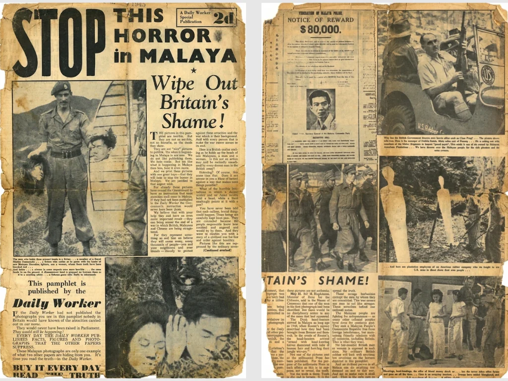 1952年英国共产党《工人日报》（Daily Worker）独家特刊第1–2版原件《制止在马来亚的恐怖暴行：洗刷英国的耻辱！》：头版大幅刊登皇家海军陆战队员手提两颗被斩首指战员头颅合影的铁证，右侧曝光英警悬赏8万元缉捕陈平及美资橡胶园主武装皮卡实照。