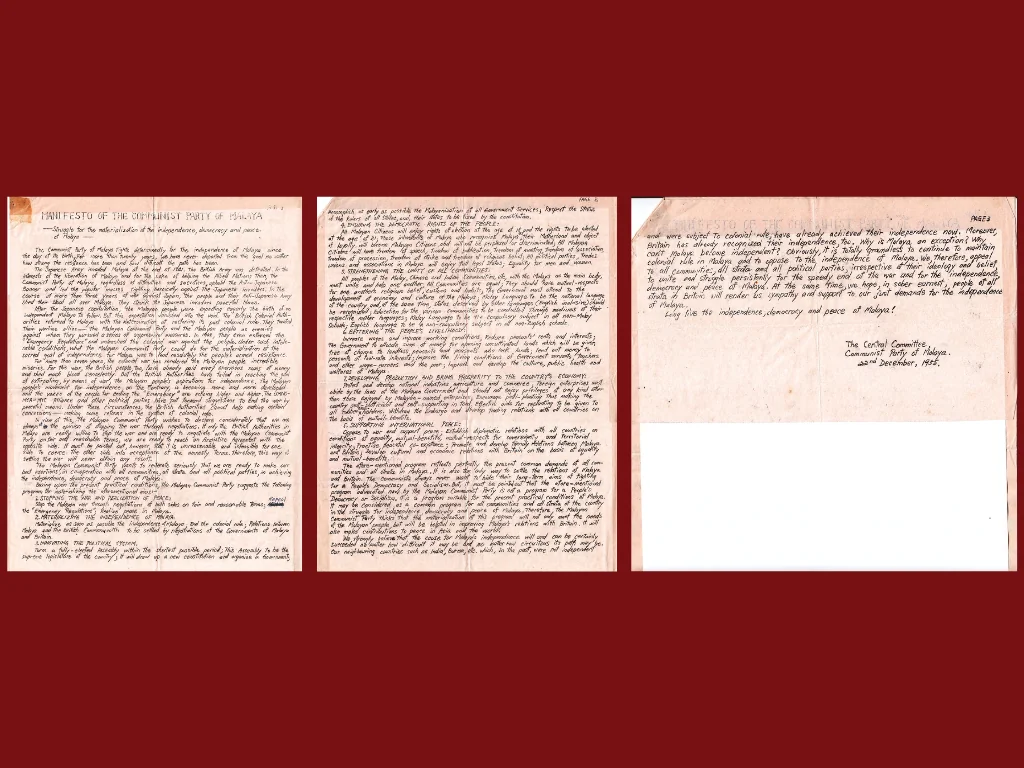 1955年12月22日《马来亚共产党宣言》历史文献：“主张停火废除紧急状态，迅速实现独立并召开民选立宪议会”
