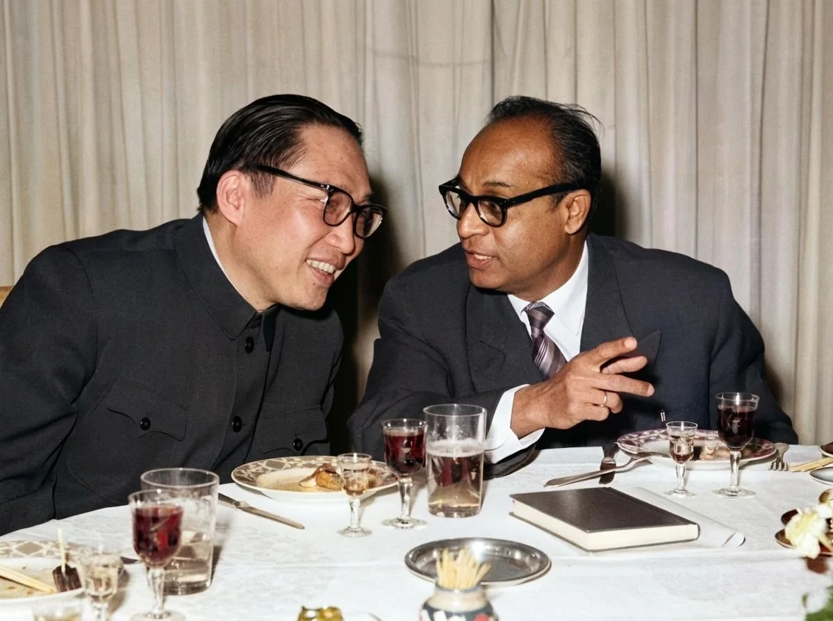 解盟驻京代表团团长 P.V. 沙尔玛（右）在招待宴会上同中方有关方面负责人（左）亲切交谈