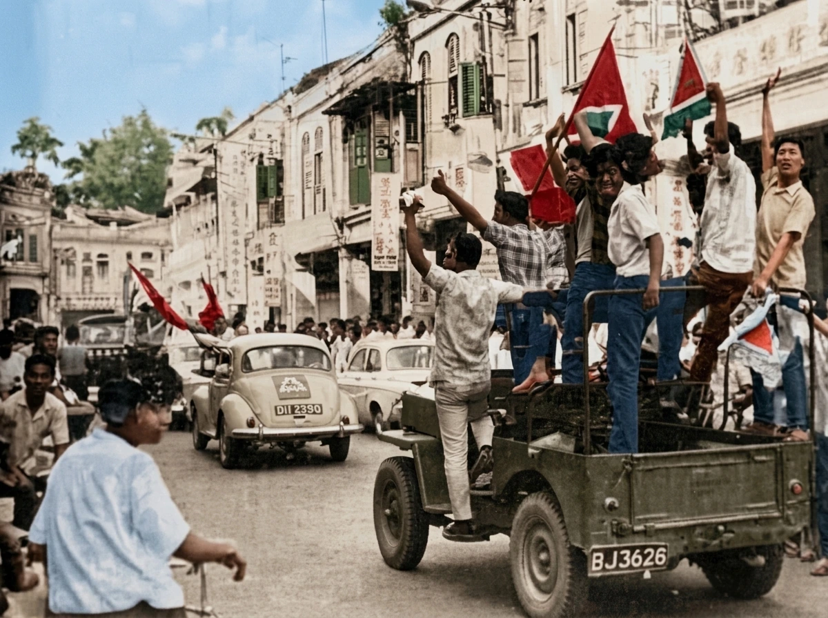 1969年马来亚劳工党支持者高举红旗登车呼喊反迫害口号造势历史实照