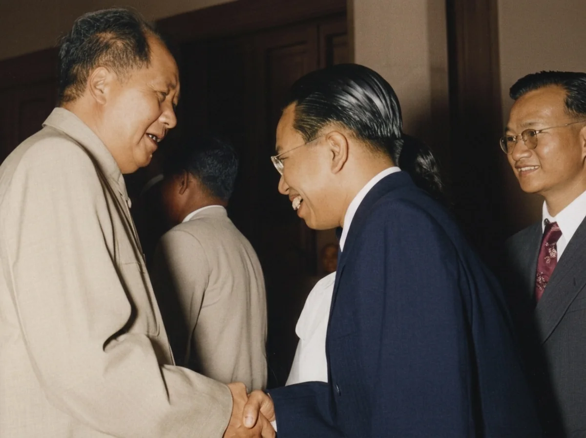毛泽东主席亲切接见马共中央主席穆沙·阿默德（右一为马共中央政治局常委章凌云）