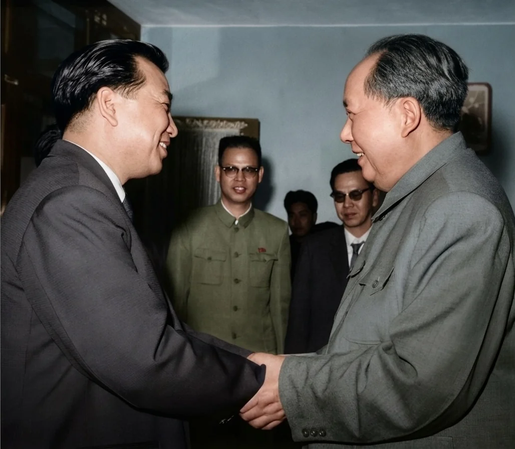 毛泽东主席亲切接见马共中央总书记陈平（后排左起：马共中央政治局常委章凌云、副总书记李安东）
