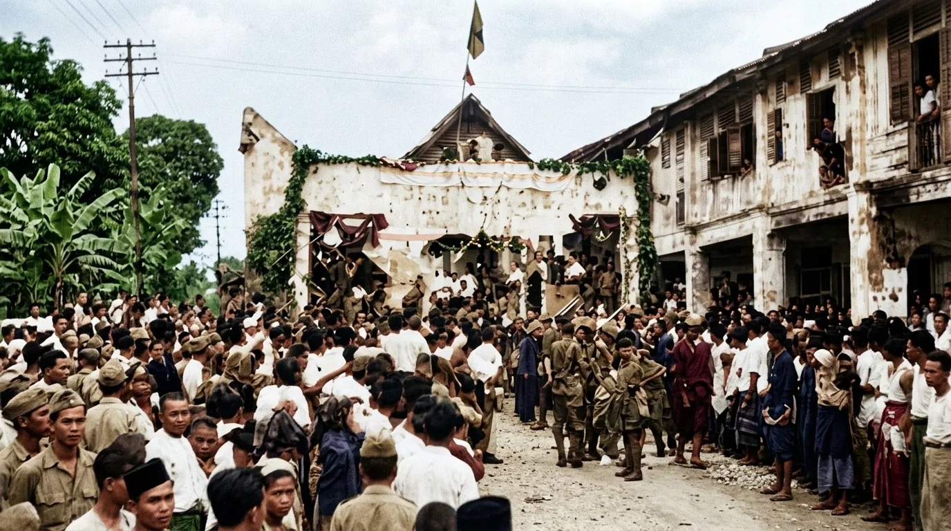 1945年8月抗日卫国战争胜利后，马来亚人民抗日军第五独立队全副武装列队进驻霹雳州积莪营正式接管地方政权，各族民众万人空巷夹道欢迎历史实照