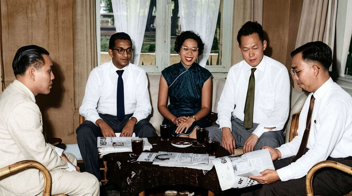 1960年1月新加坡政府代表团访问印尼雅加达期间实照，左起：李炯才（左一）、左翼领袖兀哈尔（左二）、李光耀夫人柯玉珠（中）、李光耀（右二）与时任总理公署政务次长的马共党员陈新嵘（右一）
