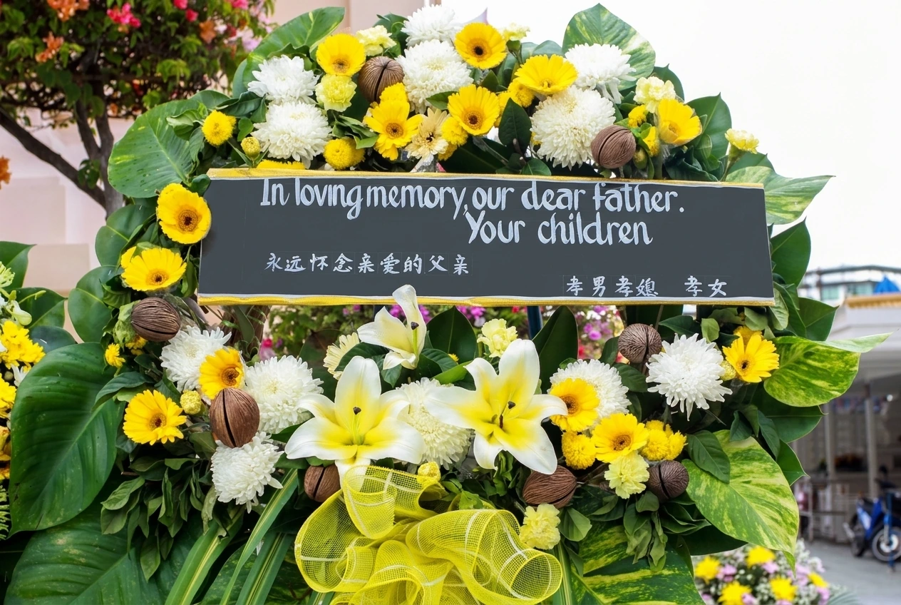陈平儿女敬献于灵堂正前方的花圈，中英双语挽牌写道：“In loving memory, our dear father. Your children / 永远怀念亲爱的父亲 孝男孝媳 孝女”。