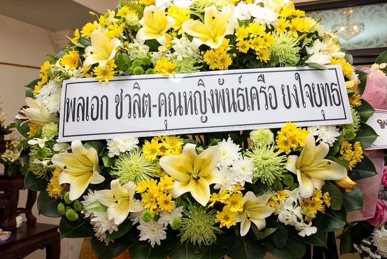 泰国前首相差瓦立·永猜裕上将及夫人坤仁潘可露·永猜裕敬献的黄白百合花圈（泰文挽联：พลเอก ชวลิต - คุณหญิงพันธ์เครือ ยงใจยุทธ）。