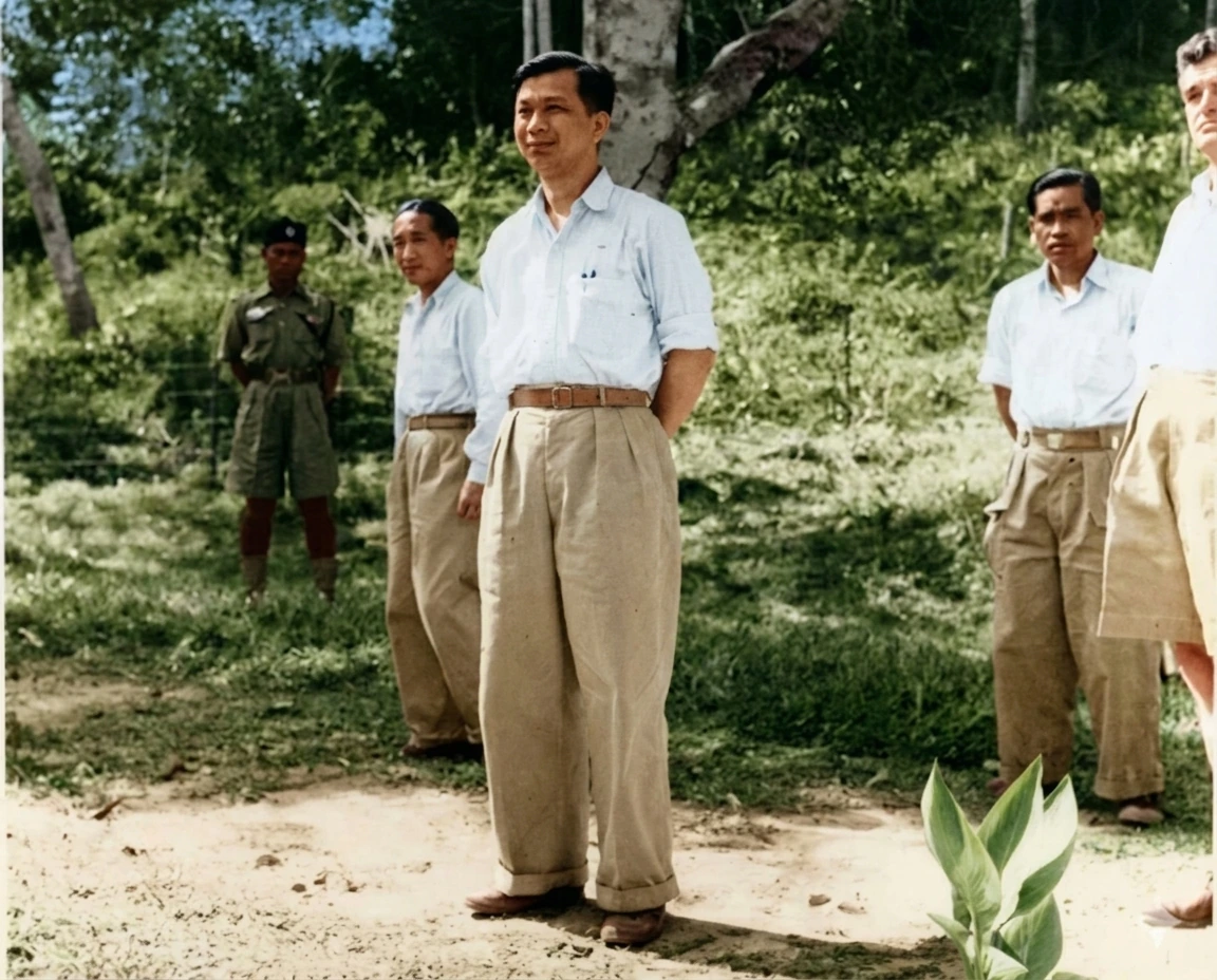 1955年12月28日马共中央总书记陈平（中）率陈田（左二）、拉昔·迈丁（右二）在联络官约翰·戴维斯（右一）陪同下参加华玲和谈历史实照