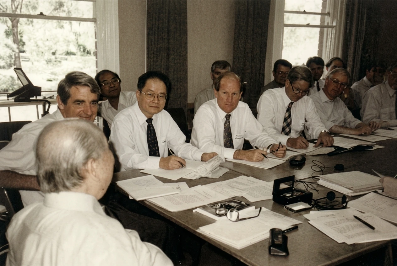 1999年2月陈平（前景背对镜头者）在堪培拉澳大利亚国立大学（ANU）与历史学家会面研讨历史实照（对面左起为安东尼·里德教授、陈剑教授、卡尔·哈克教授等学者）