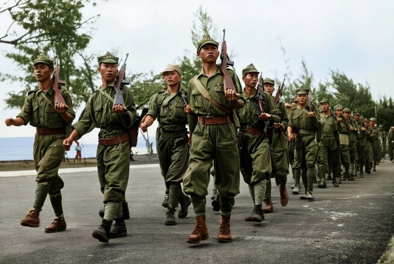 1945年抗战胜利之际马来亚人民抗日军指战员肩扛盟军空投卡宾枪、迈着整齐步伐列队行进的历史实照