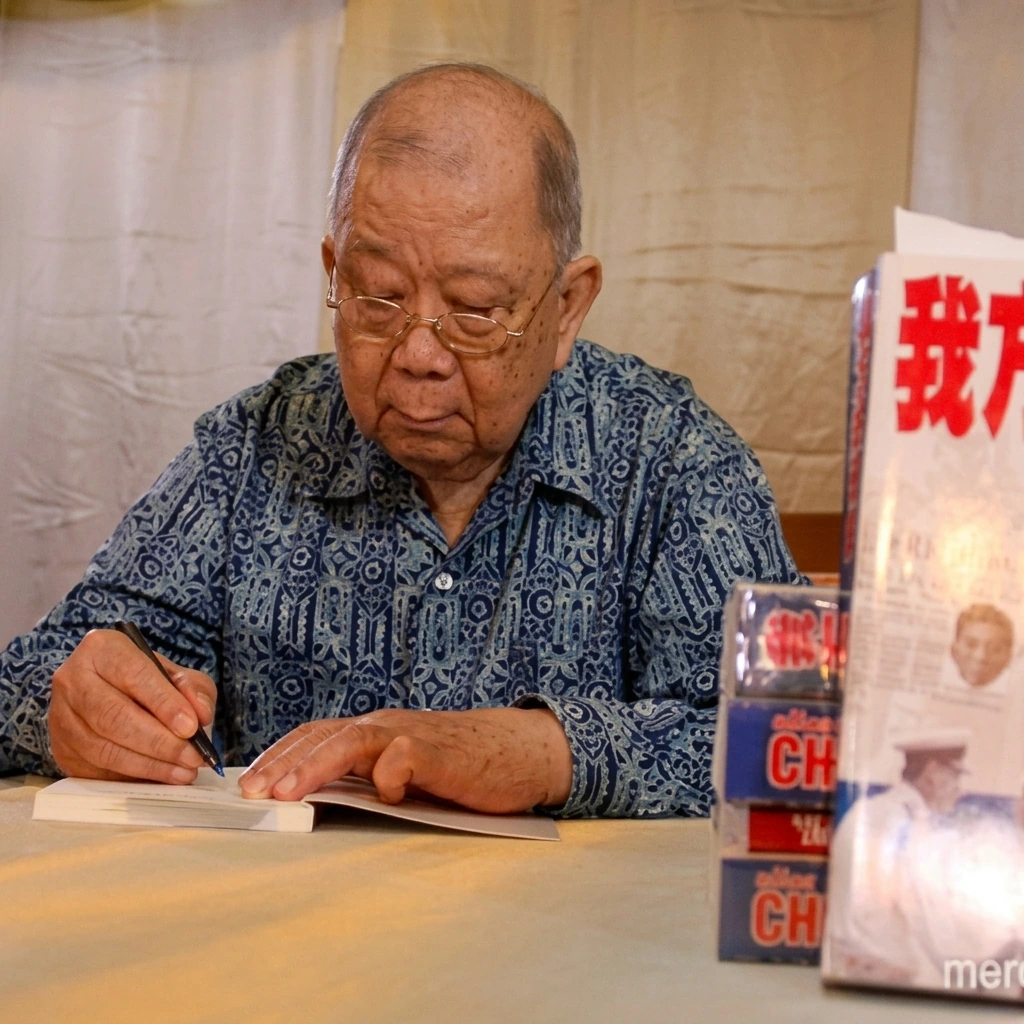 为他的书签名。陈平伏案为读者与友人亲笔签名赠阅其中文版回忆录《陈平：我方的历史》。