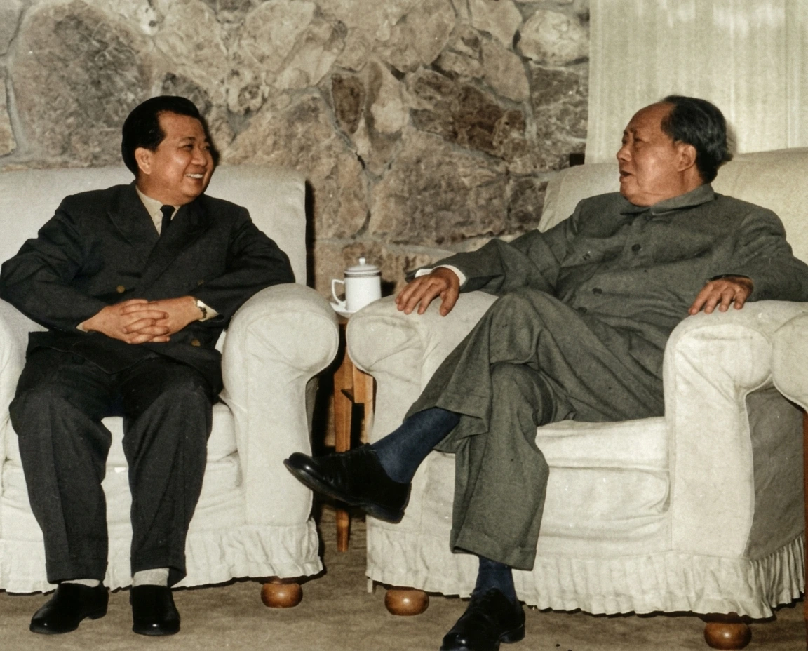 1965年3月陈平（左）与毛泽东主席（右）第一次会面，双方就东南亚反帝民族解放运动与国际局势交换意见。