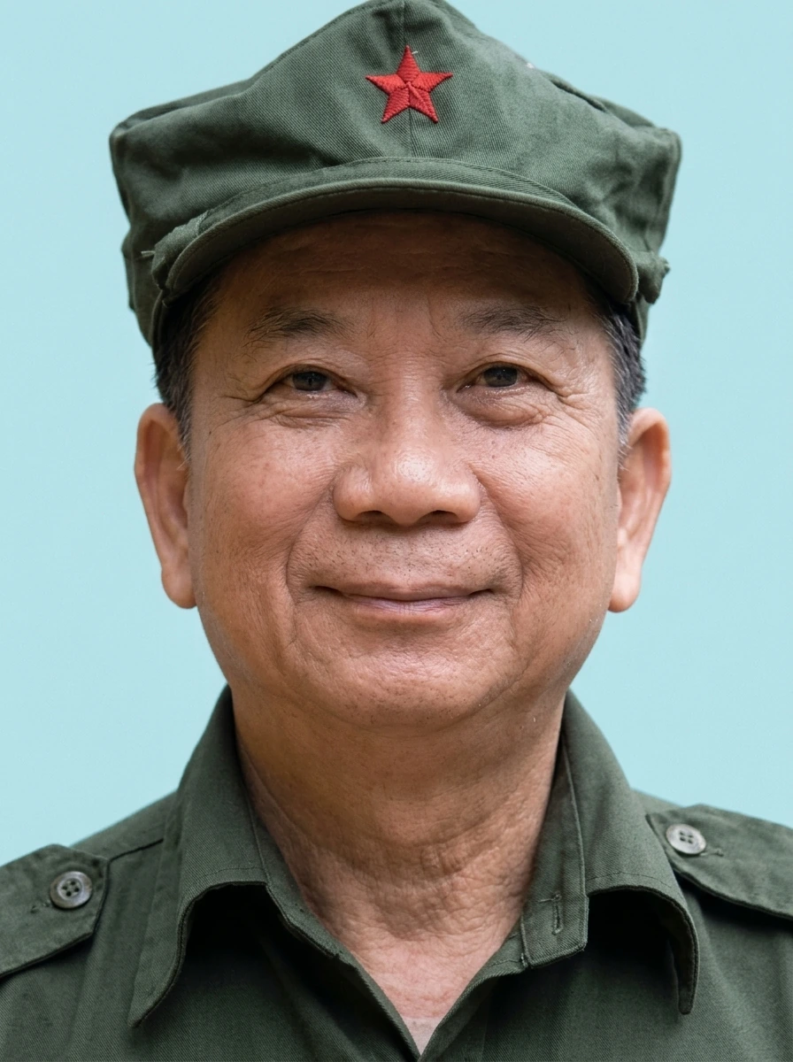 穿军服的陈平（半身戎装肖像）。陈平佩戴红星军帽在密林营地留影，神情坚毅温和。