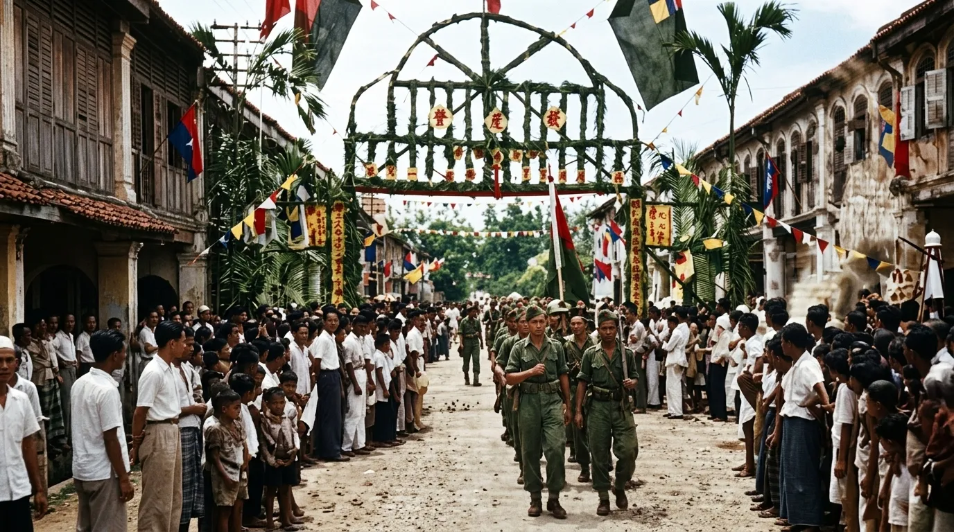 1945年8月霹雳州积莪营：马来亚人民抗日军第五独立队指战员列队进驻城镇主街，正式接管地方治安