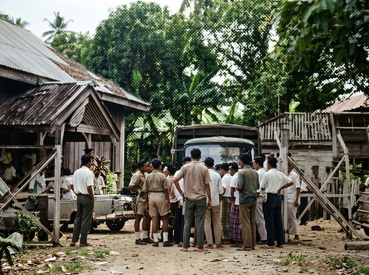 乡镇与甘榜地区各阶层民众在卡车前集结议论政局动向的历史实录