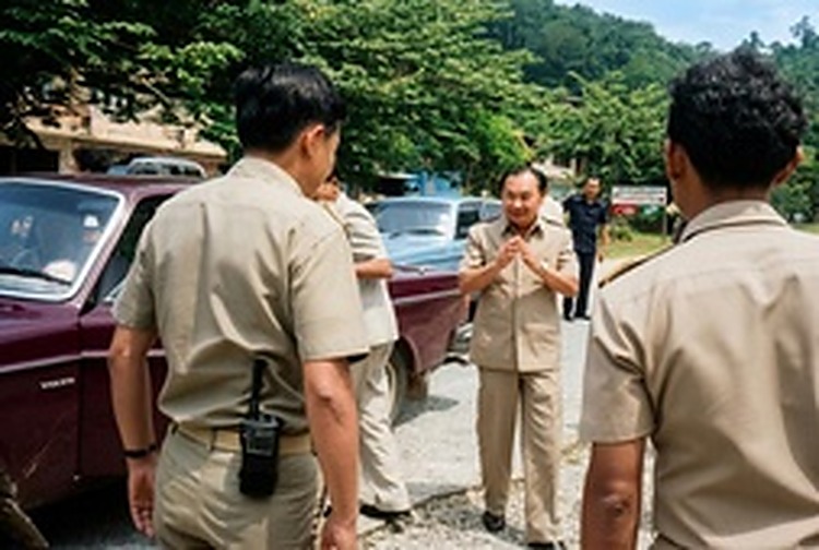 泰国军方将领在轿车旁与和平村干部亲切交谈，现场协调解决新村初期物资运输难题。