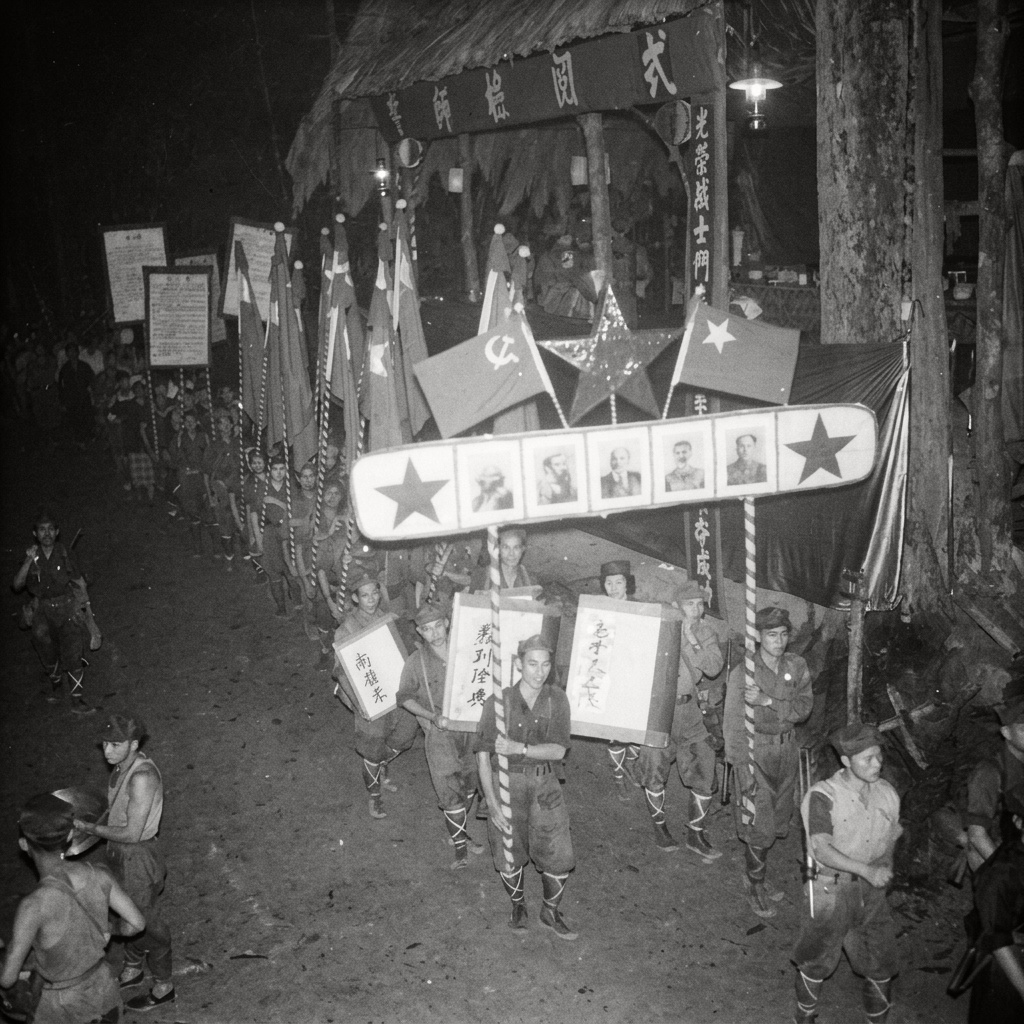 1965年泰马边境营地举行的“誓师检阅式”夜间游行，部队高举马恩列斯毛画像牌楼、交叉党军旗与“新方针”标语灯牌列队通过检阅台。