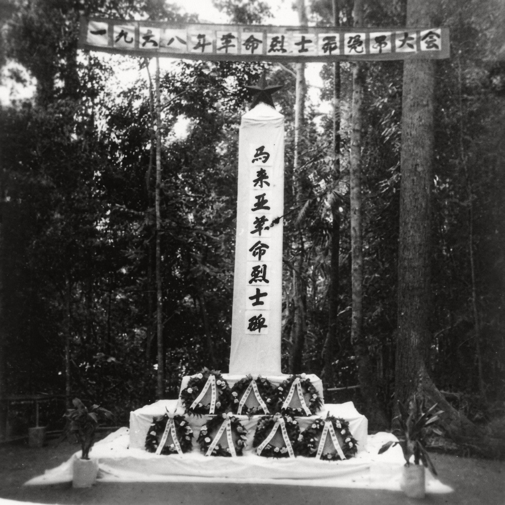 1968年9月1日“一九六八年革命烈士节凭吊大会”现场竖立的“马来亚革命烈士碑”正面特写，碑顶镶嵌红星，碑座环绕各支队敬献的七座花圈与挽联。