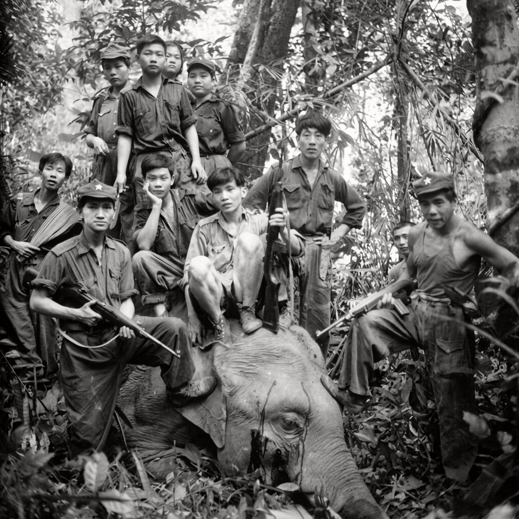 1968年密林营地后勤猎食分队手持卡宾枪与猎获的野象合影，记录了严密封锁岁月里部队在深山自筹肉食补给的真实生存状态。